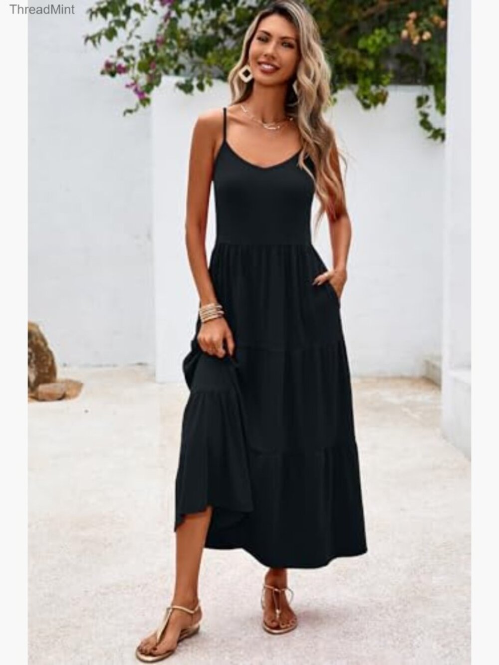 Flowy Tiered Maxi Dress Sleeveless Sundress Adjustable Straps Long Beach Dress - Picture 2 of 7